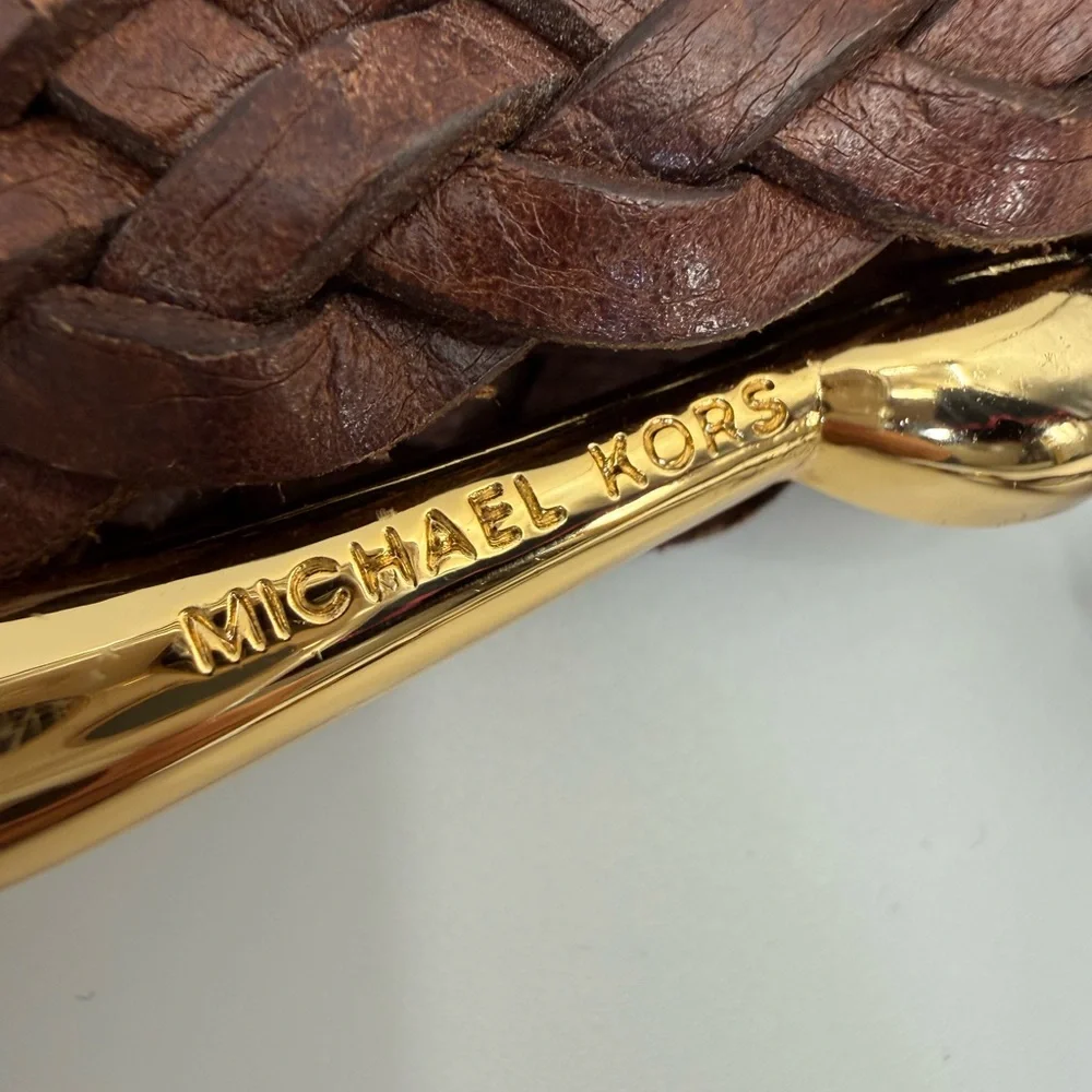Michael Kors Brown Braided Leather Belt Gold Buckle Tassel Charm Boho Chic SZ M
